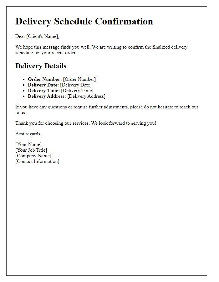 Letter template of finalizing delivery schedule with client