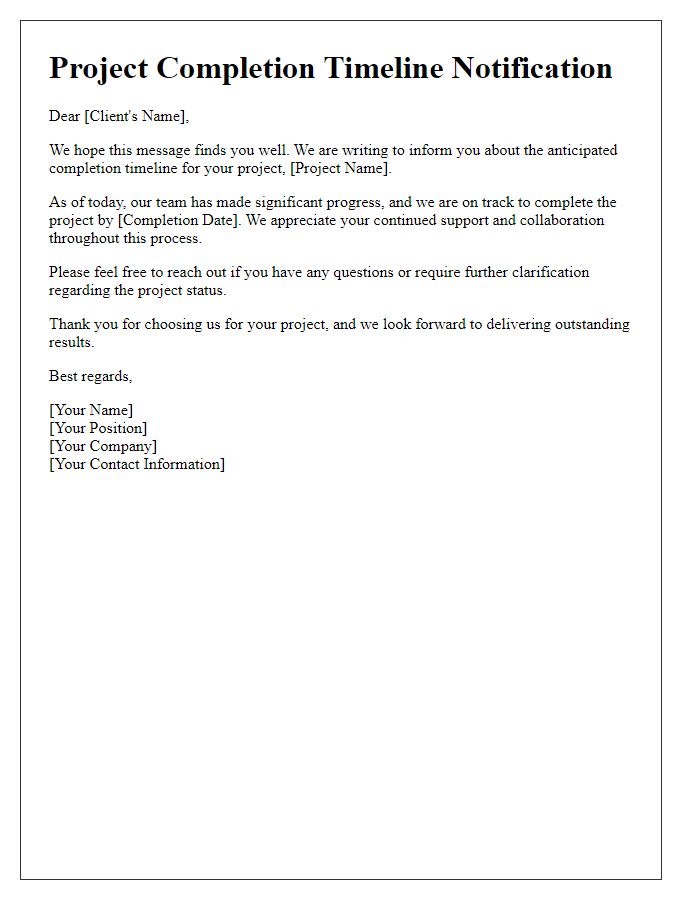 Letter template of notifying client about project completion timeline