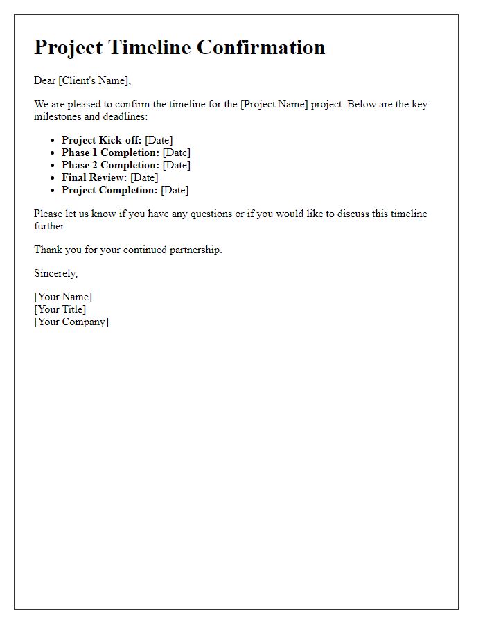 Letter template of project timeline confirmation for client communication