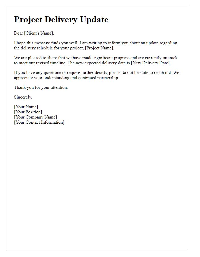 Letter template of scheduling update for client's project delivery