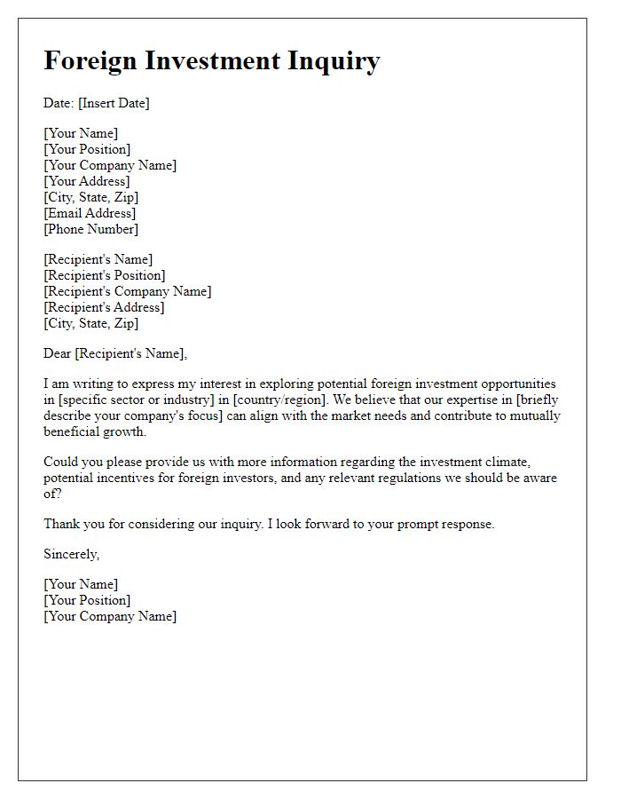 Letter template of foreign investment inquiry