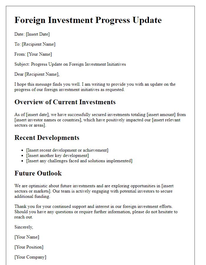 Letter template of foreign investment progress update