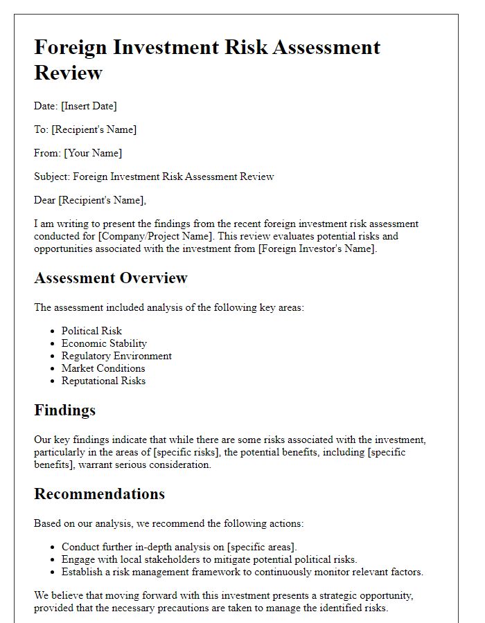 Letter template of foreign investment risk assessment review