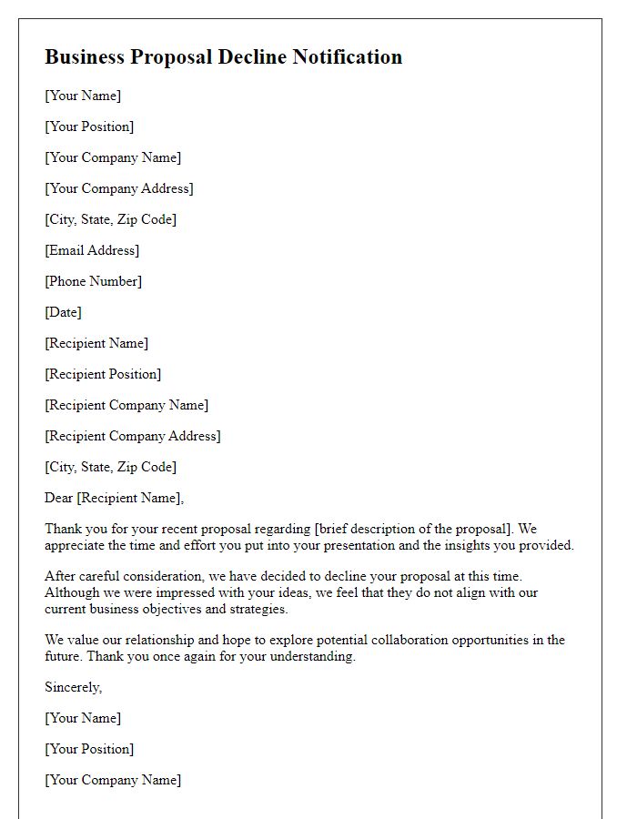 Letter template of business proposal decline notification