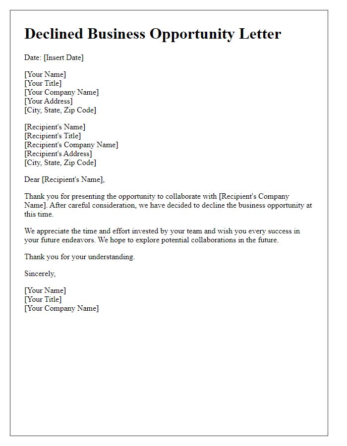 Letter template of declined business opportunity letter