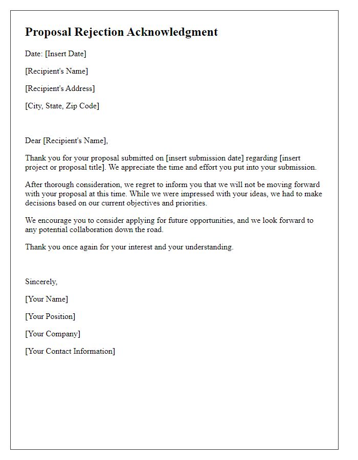 Letter template of proposal rejection acknowledgment