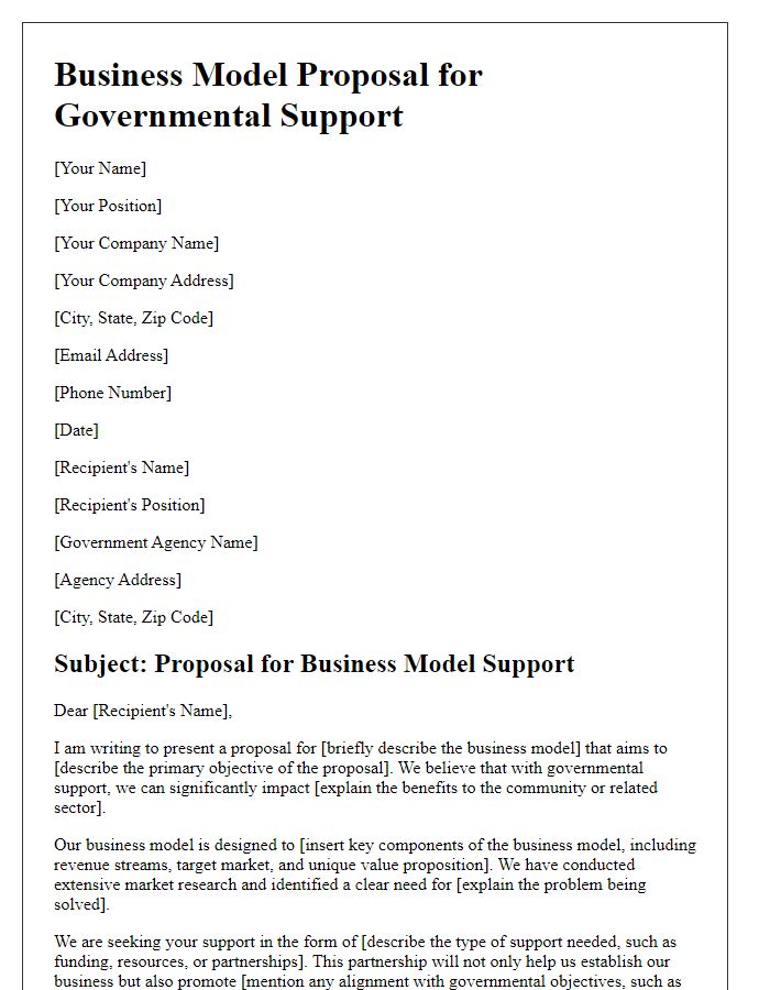 Letter template of business model proposal for governmental support