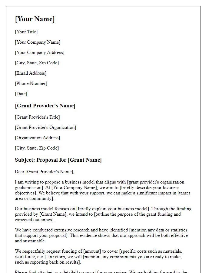 Letter template of business model proposal for grant applications