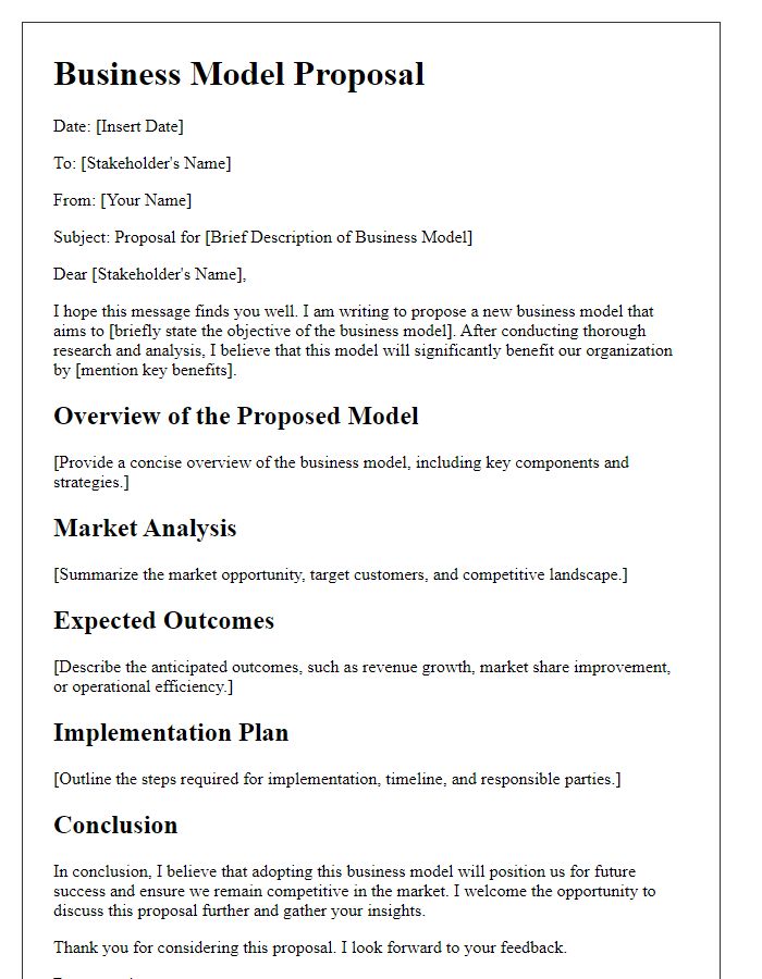 Letter template of business model proposal for internal stakeholders