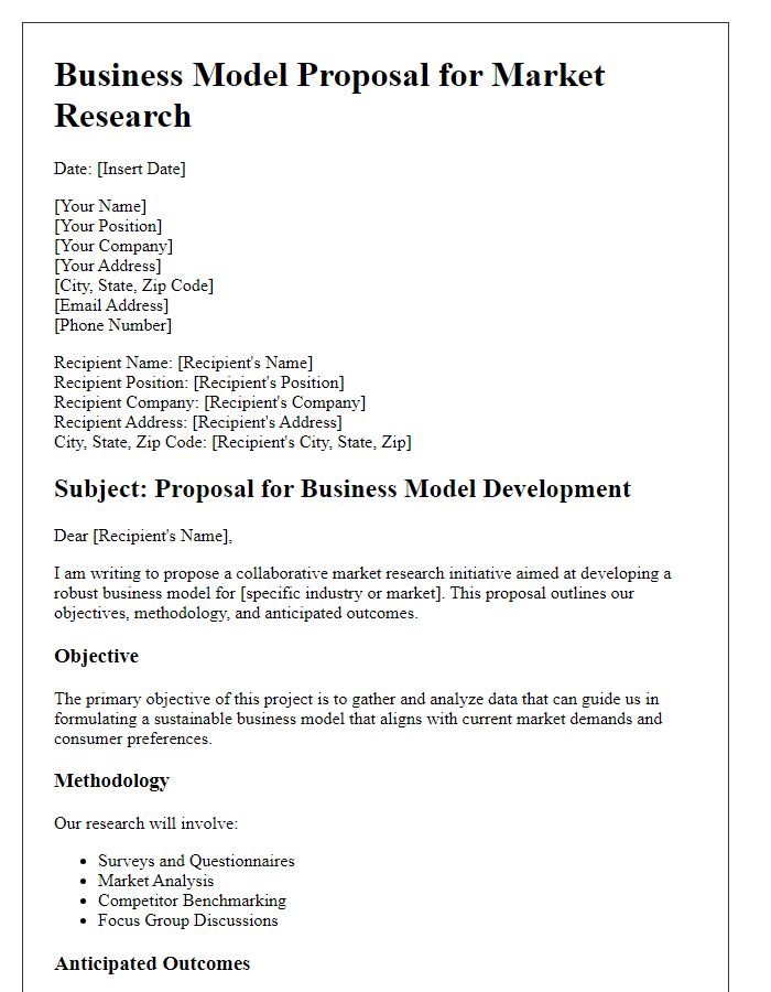 Letter template of business model proposal for market research purposes