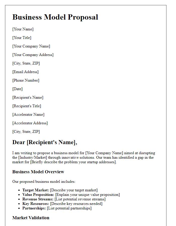 Letter template of business model proposal for startup accelerators