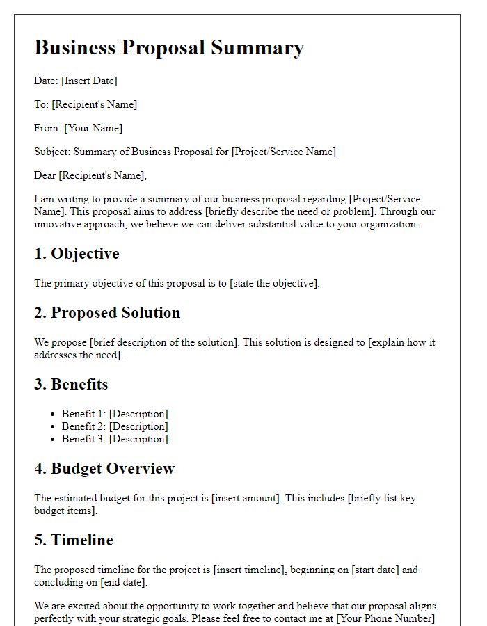 Letter template of a detailed business proposal summary