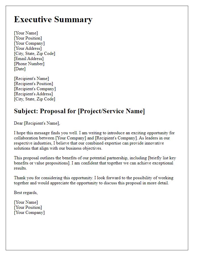 Letter template of an executive business proposal introduction