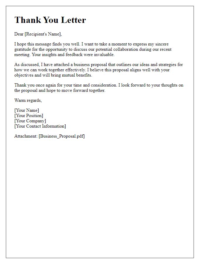 Letter template of a thank-you letter with business proposal attachment