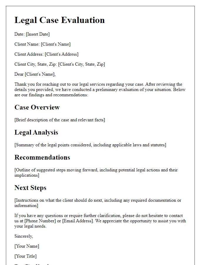 Letter template of Legal Services Case Evaluation