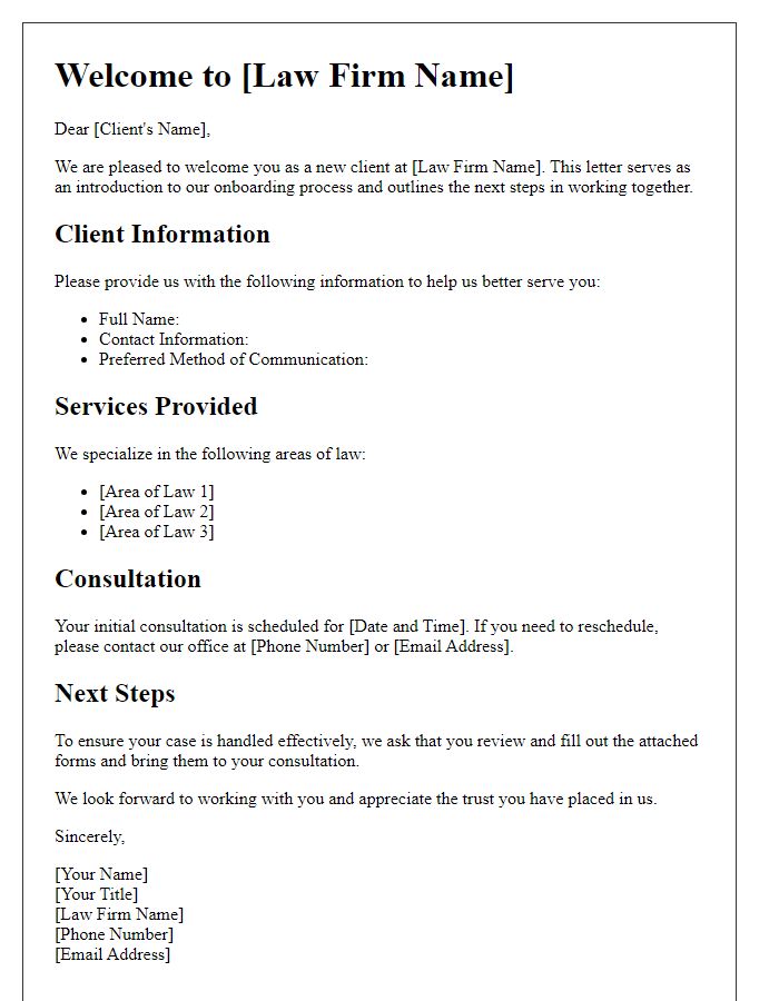 Letter template of Legal Services Client Onboarding