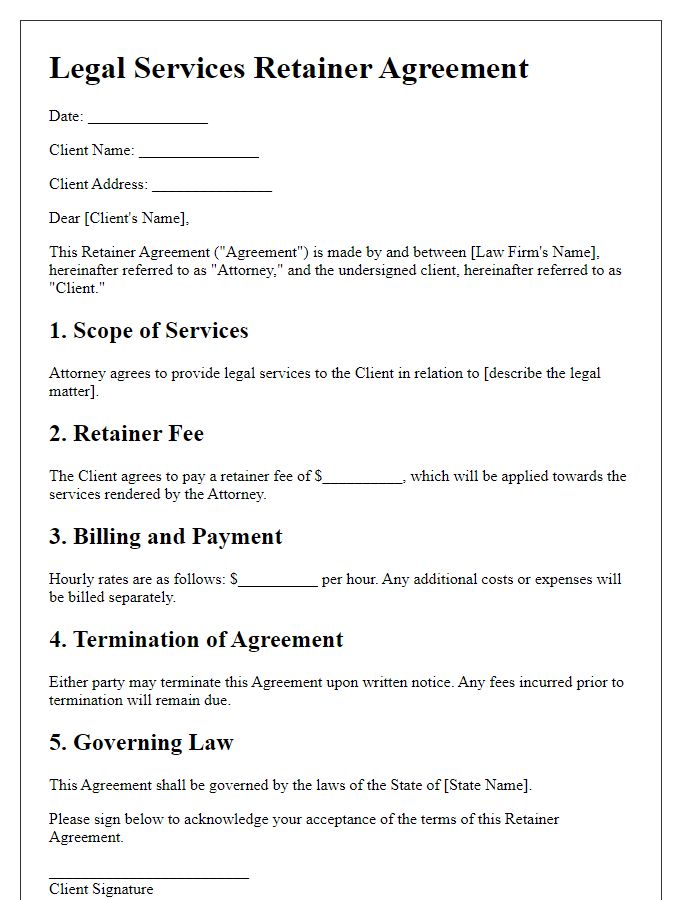 Letter template of Legal Services Retainer Agreement