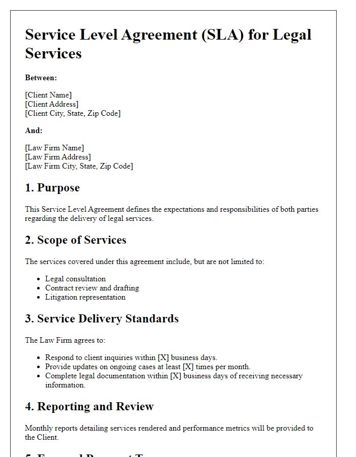 Letter template of Legal Services Service Level Agreement