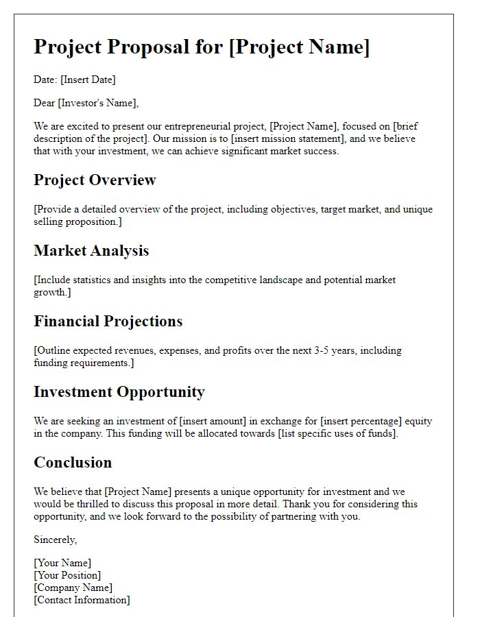 Letter template of entrepreneurial project proposal for investors