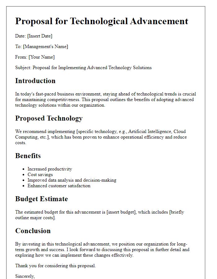 Letter template of technological advancement proposal for management