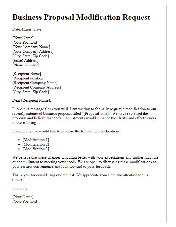 Letter template of business proposal modification request