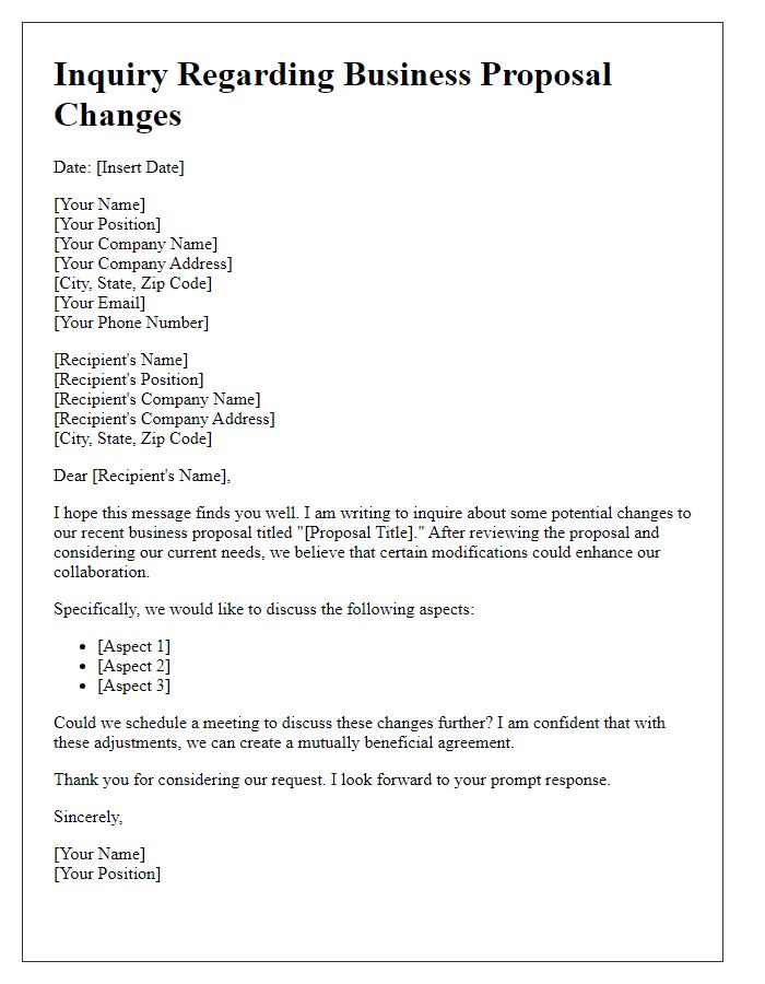 Letter template of inquiry for business proposal changes