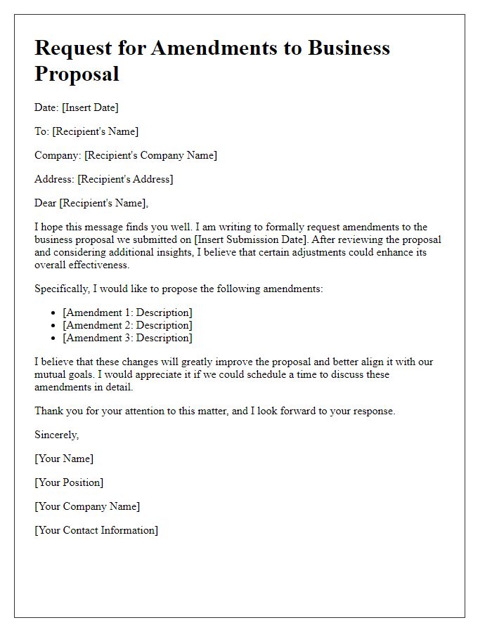 Letter template of request for amendments to business proposal