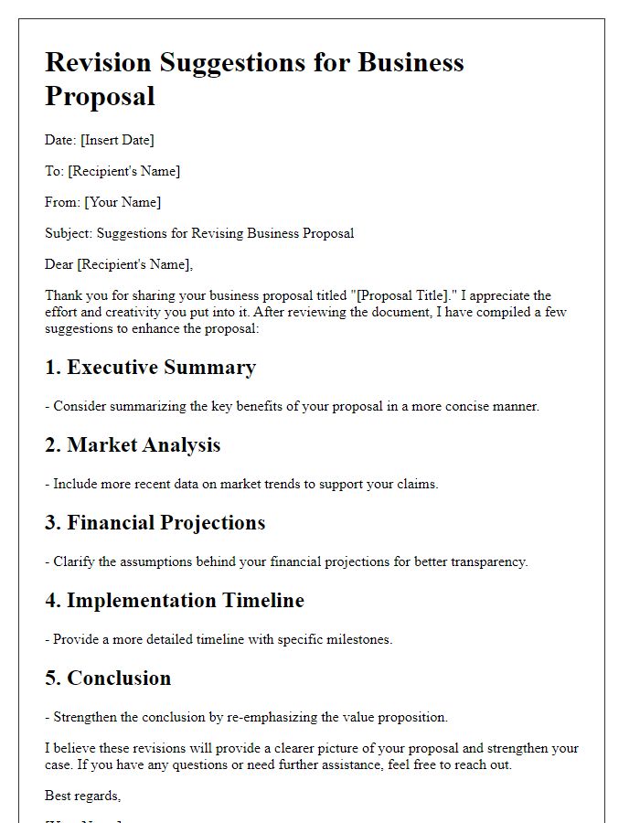 Letter template of revision suggestions for business proposal