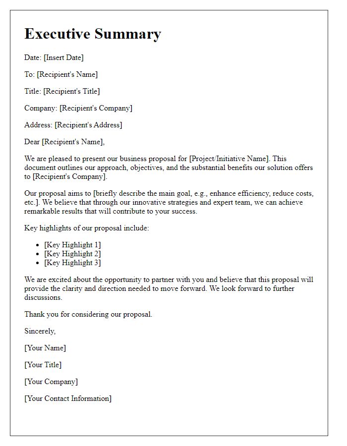 Letter template of executive summary for business proposal