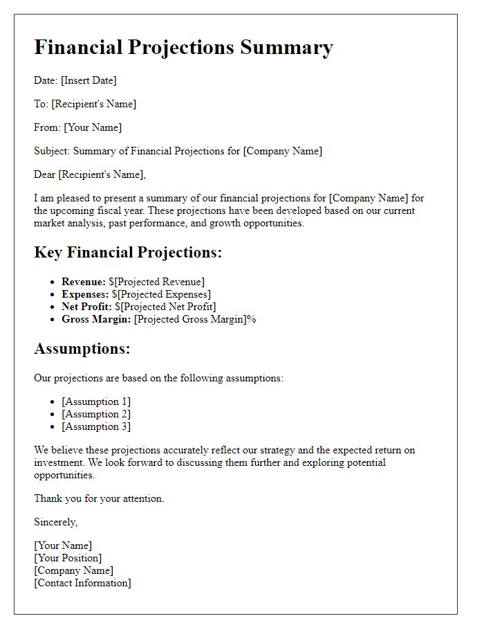 Letter template of financial projections summary