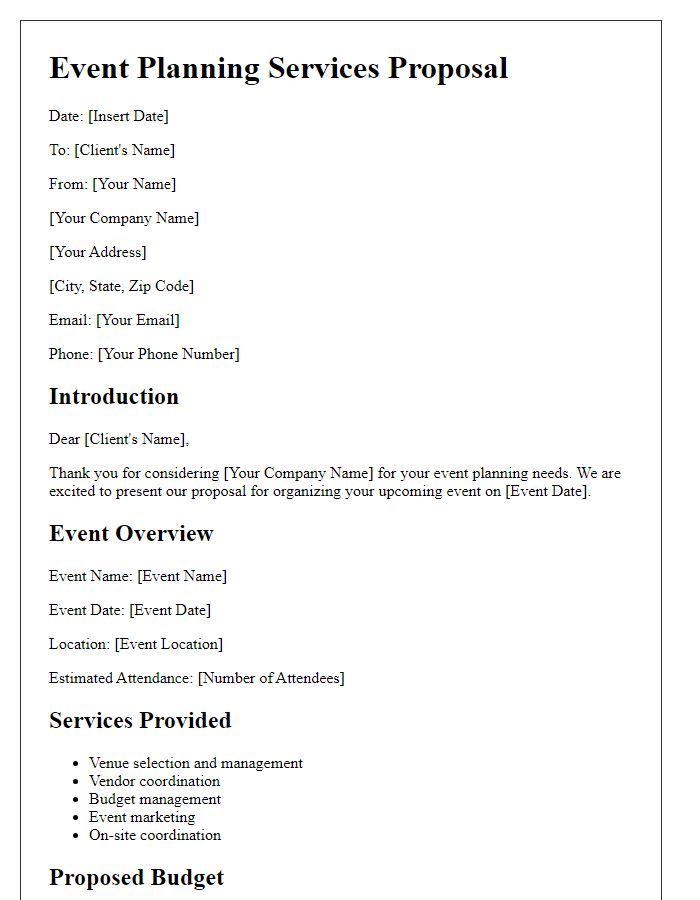 Letter template of event planning services proposal