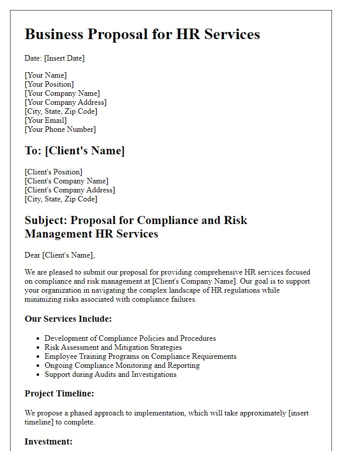 Letter template of HR services business proposal for compliance and risk management