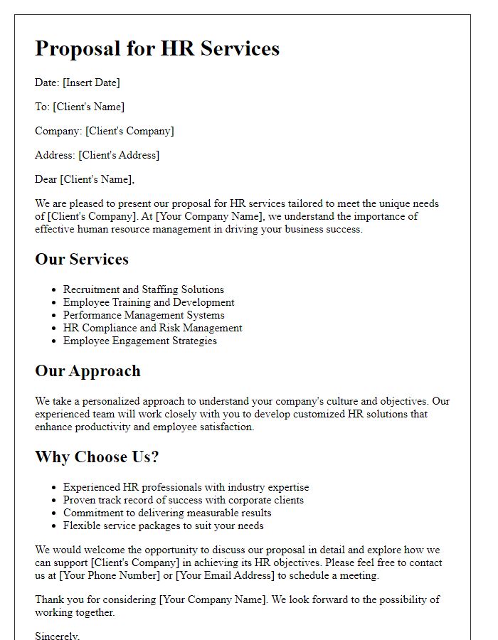 Letter template of HR services business proposal for corporate clients