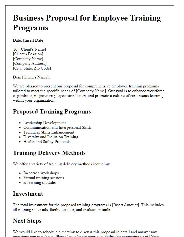 Letter template of HR services business proposal for employee training programs