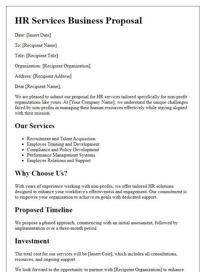 Letter template of HR services business proposal for non-profit organizations