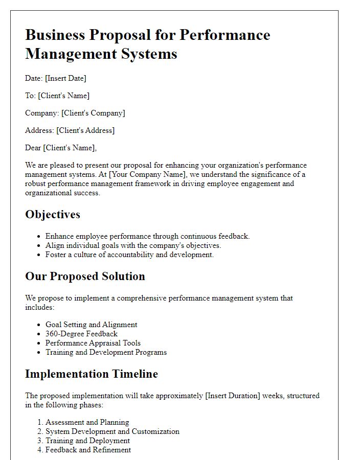 Letter template of HR services business proposal for performance management systems