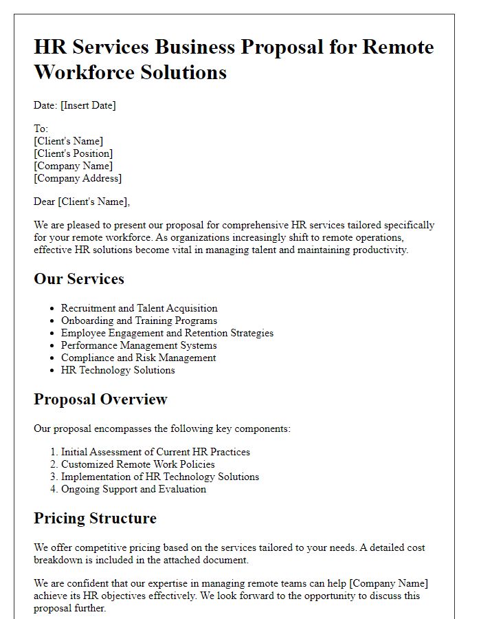 Letter template of HR services business proposal for remote workforce solutions