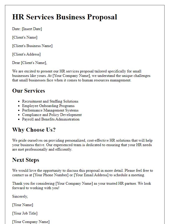 Letter template of HR services business proposal for small businesses