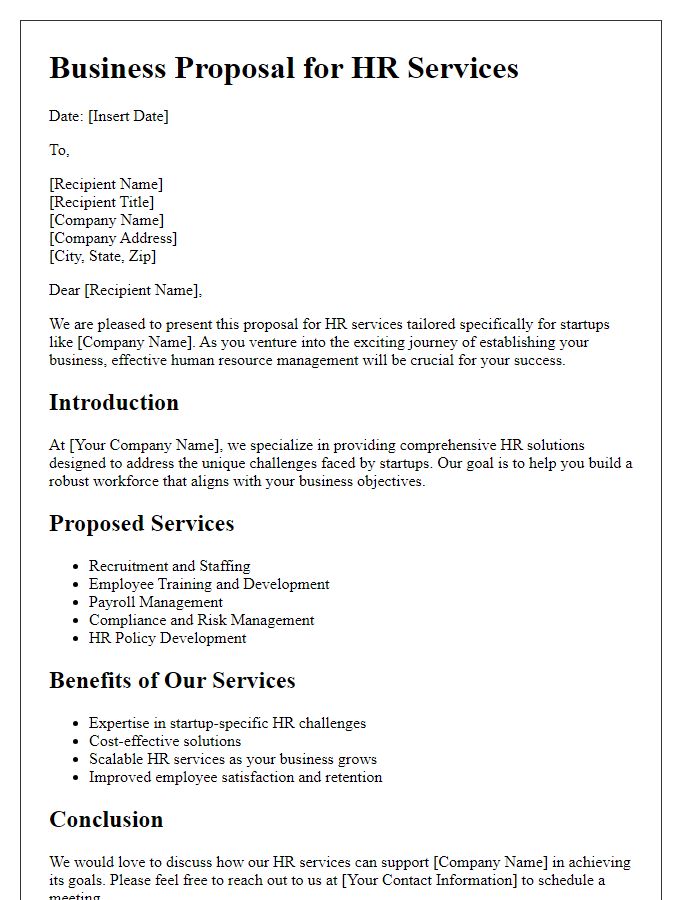 Letter template of HR services business proposal for startups