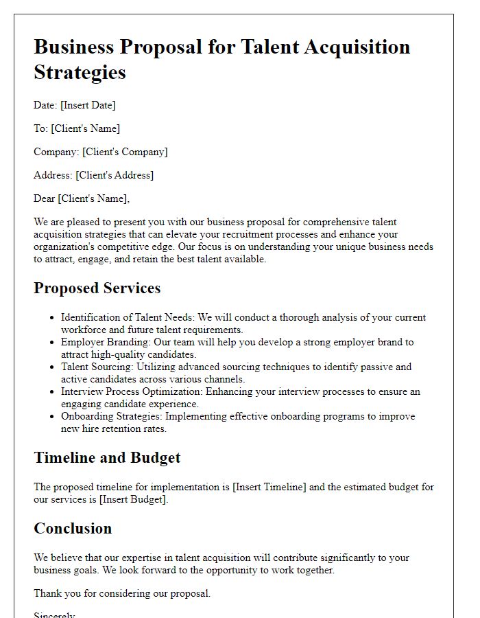 Letter template of HR services business proposal for talent acquisition strategies