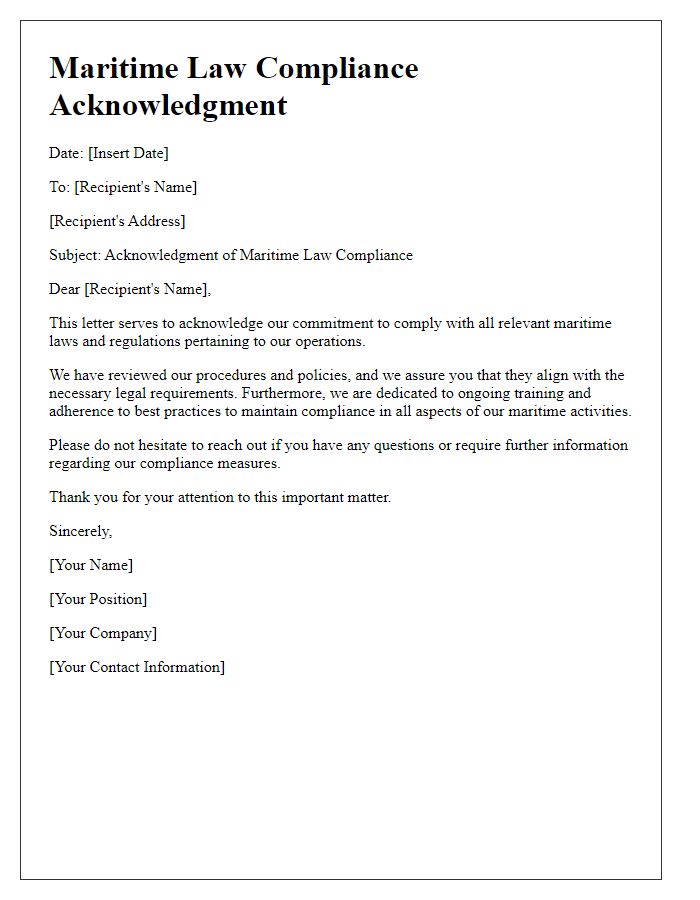 Letter template of maritime law compliance acknowledgment