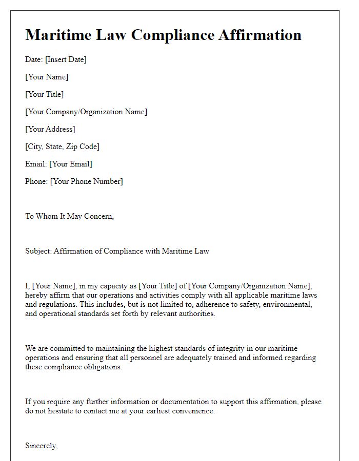 Letter template of maritime law compliance affirmation