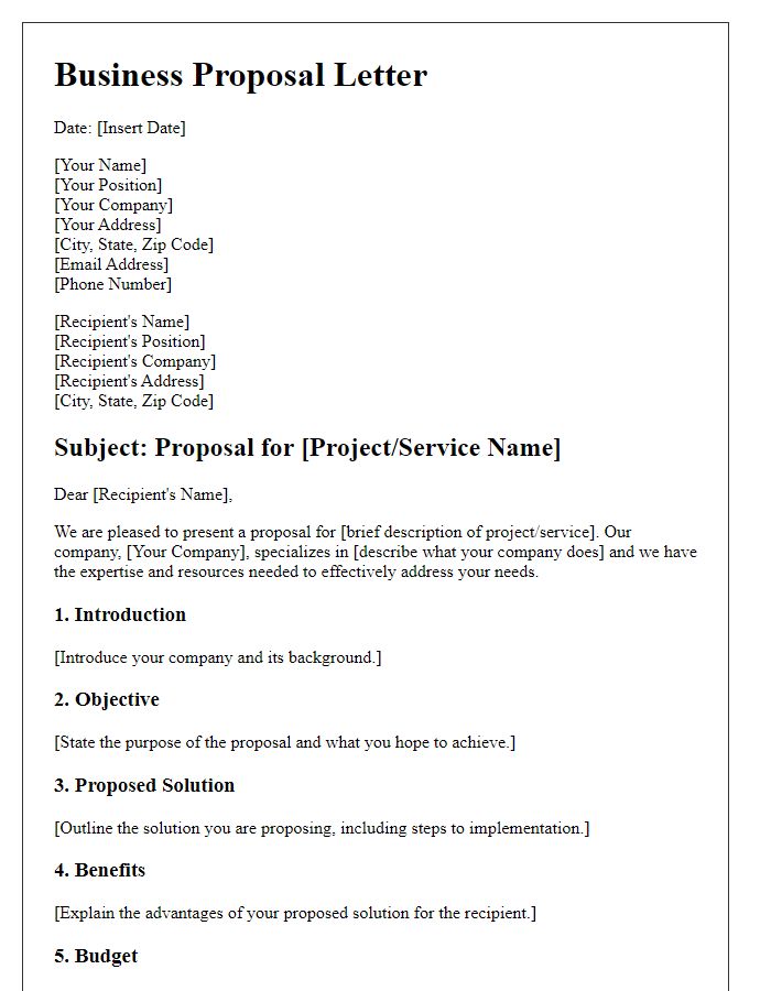 Letter template of business proposal outline.