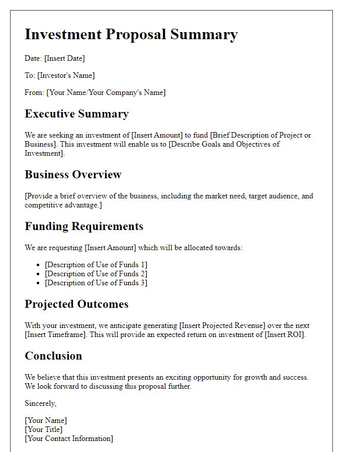 Letter template of investment proposal summary.