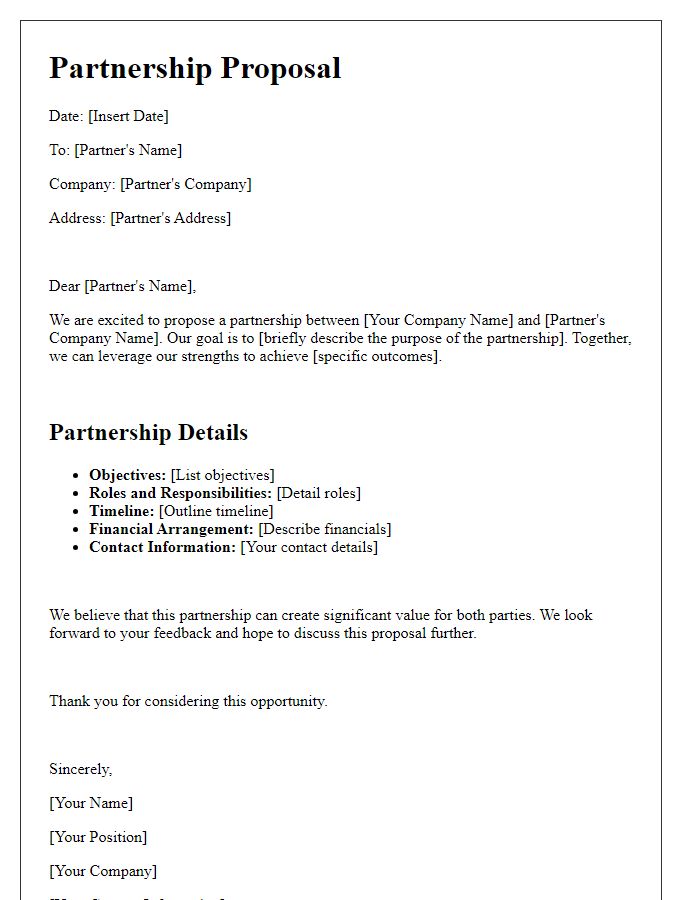 Letter template of partnership proposal details.