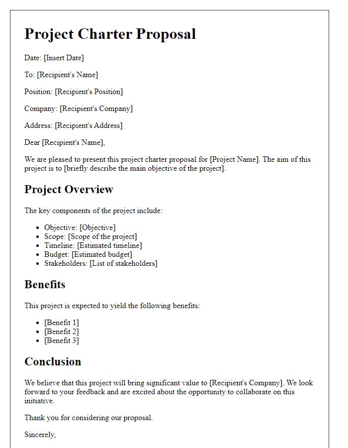 Letter template of project charter for proposal.