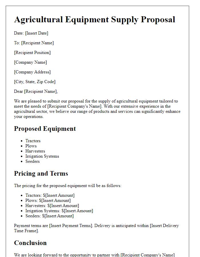 Letter template of Agricultural Equipment Supply Proposal