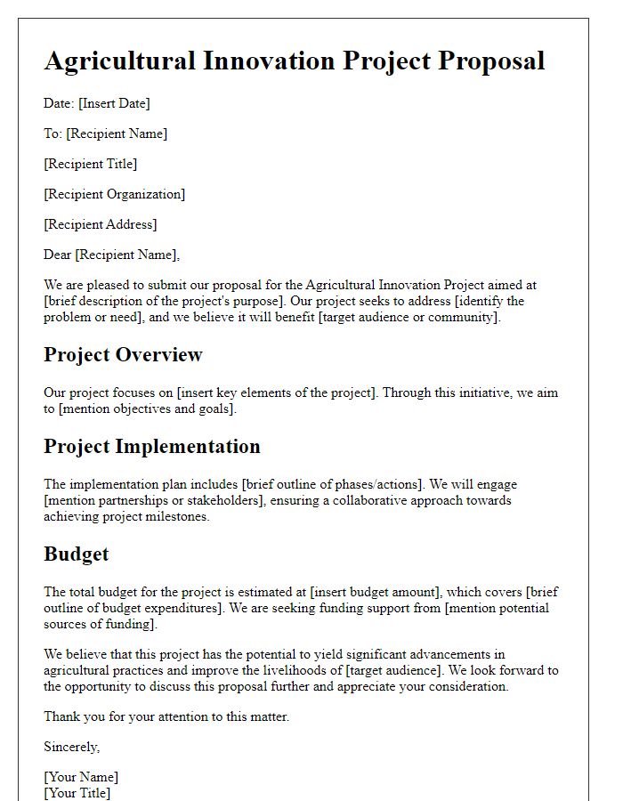 Letter template of Agricultural Innovation Project Proposal