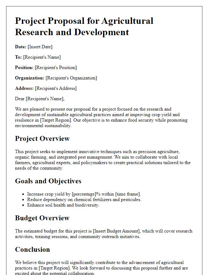 Letter template of Agricultural Research and Development Project Proposal