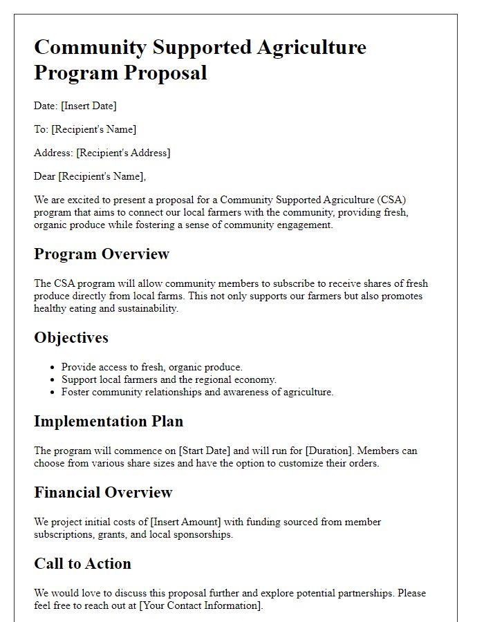 Letter template of Community Supported Agriculture Program Proposal